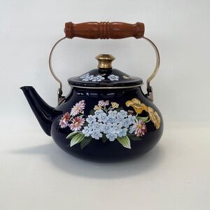1983 GAILSTYN SUTTON "Flower Garden" Vintage Enamel Ware Cobalt Teapot Kettle  E